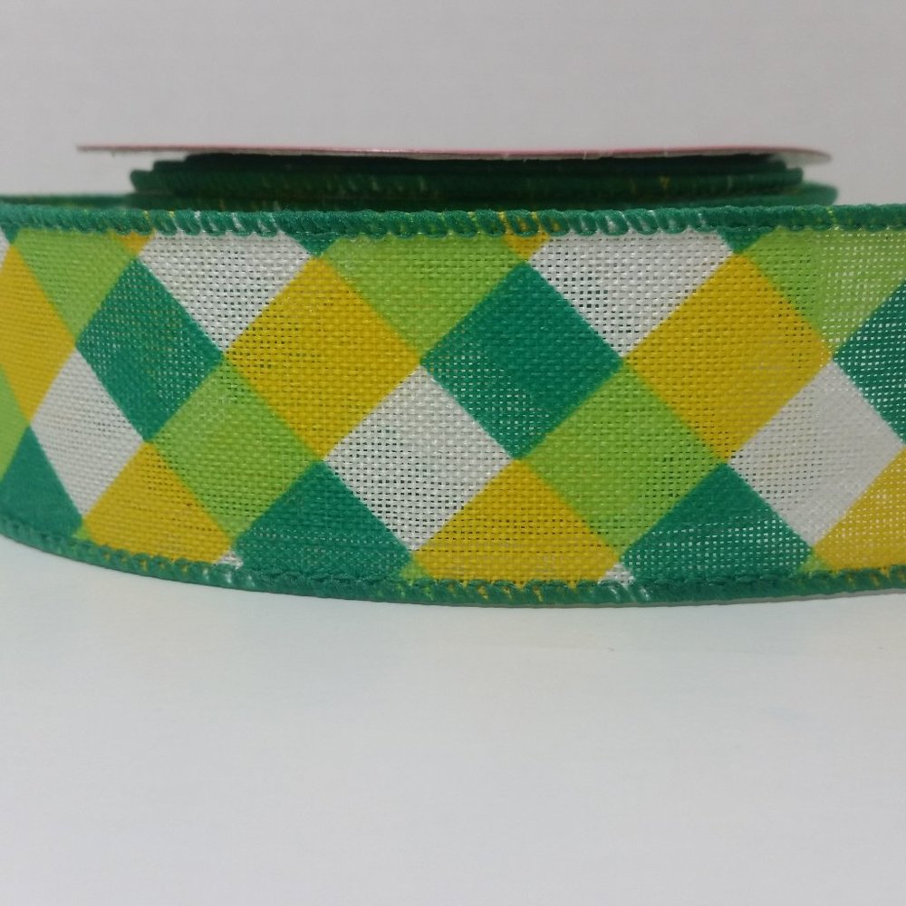 Green Yellow White Checkered Wired Ribbon 1.5"